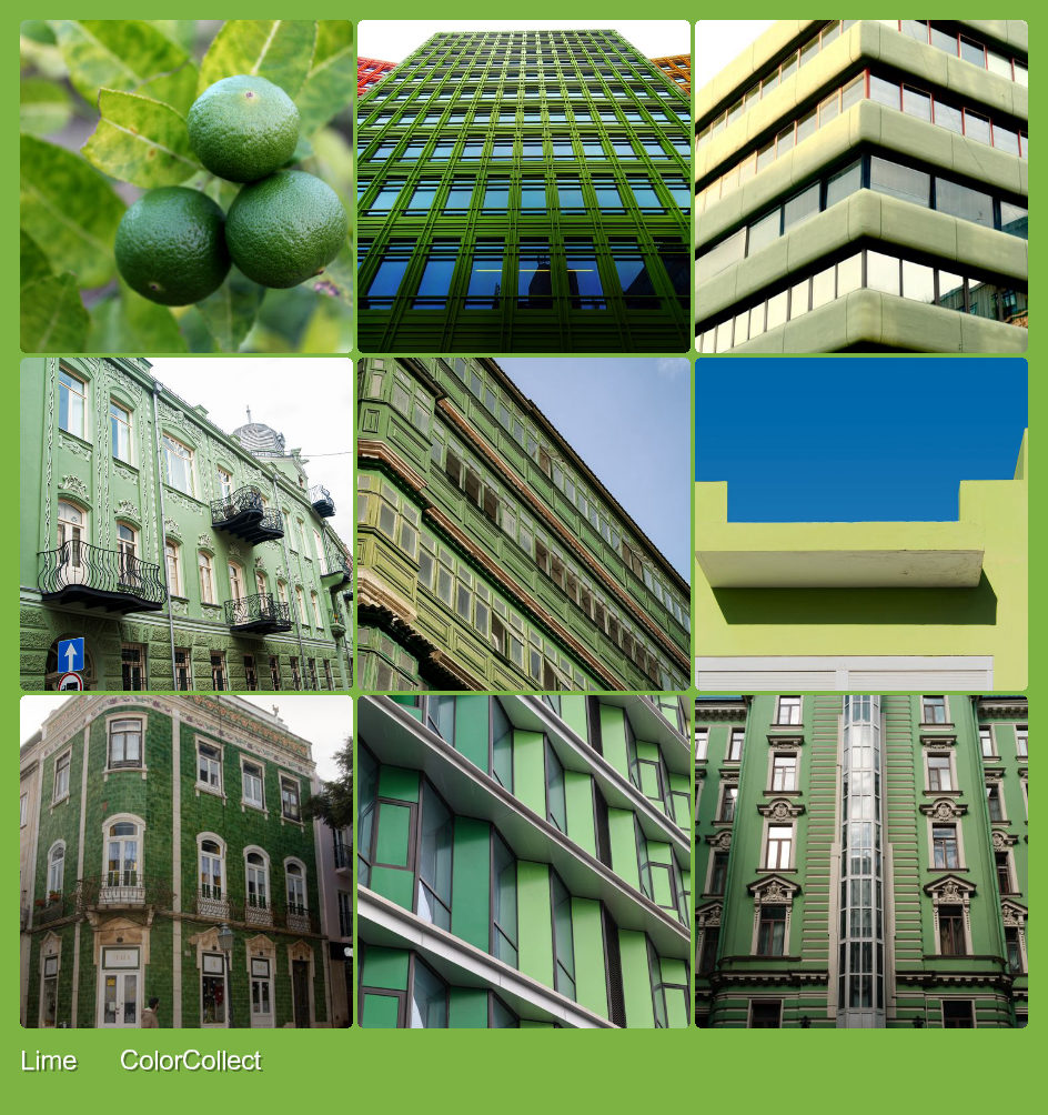 A ColorCollect photo montage in Lime, nine real-world photos matching the color.