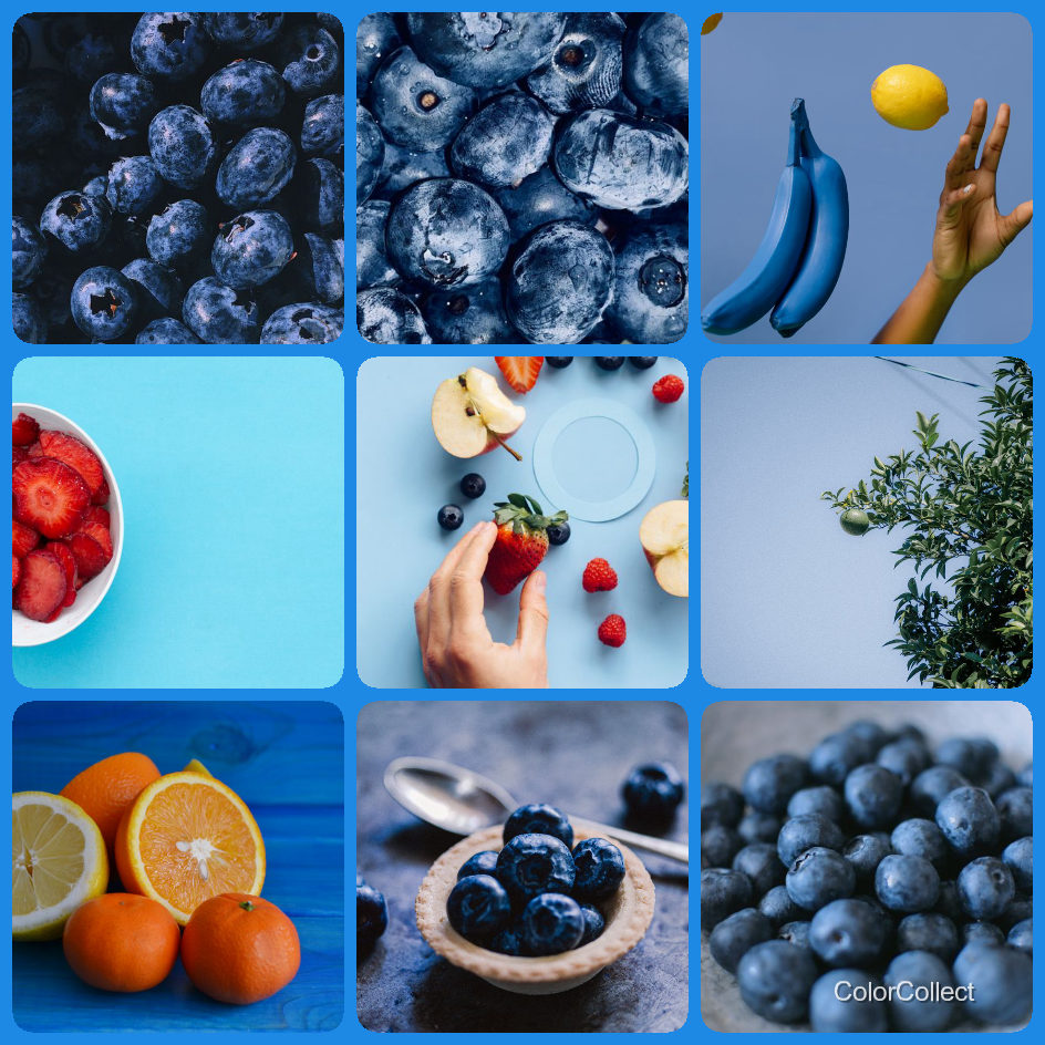 A ColorCollect photo montage in Blue, nine real-world photos matching the color.
