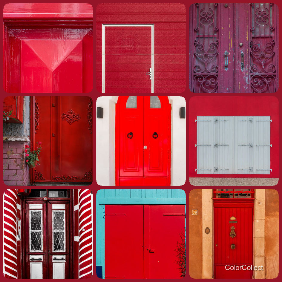 A ColorCollect photo montage in Crimson, nine real-world photos matching the color.
