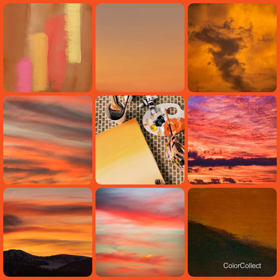 A ColorCollect photo montage in Sunset, nine real-world photos matching the color.