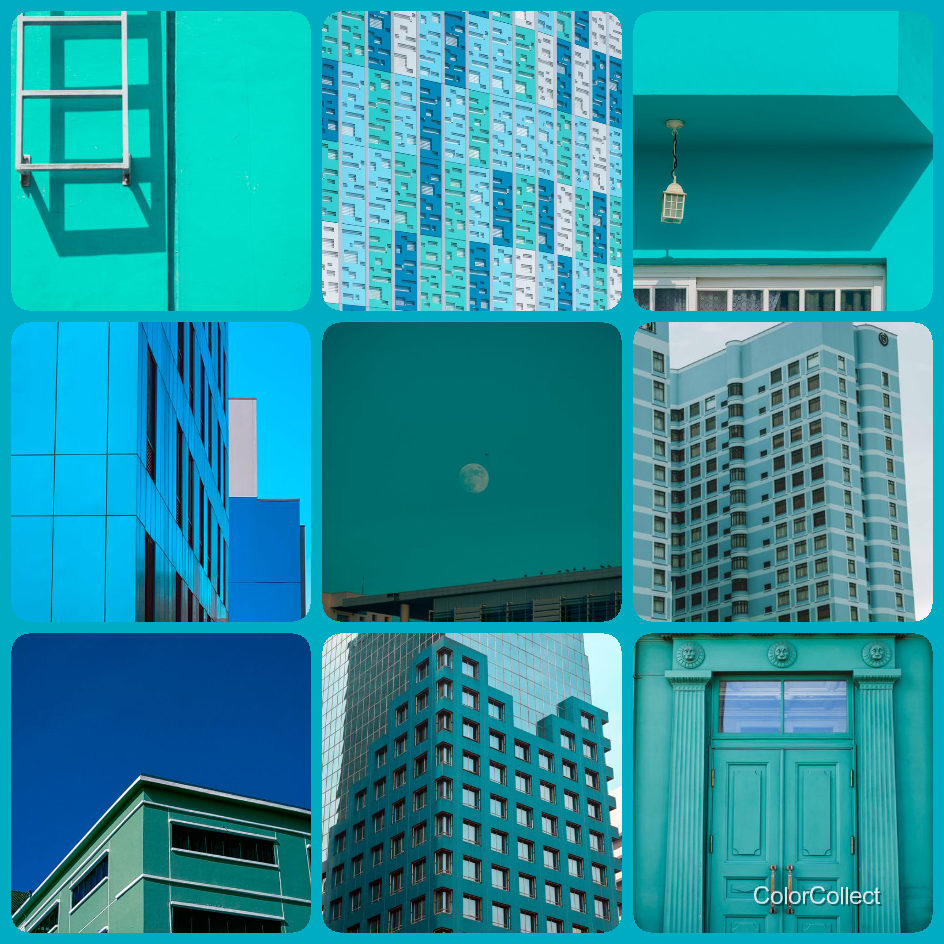 A ColorCollect photo montage in Teal, nine real-world photos matching the color.