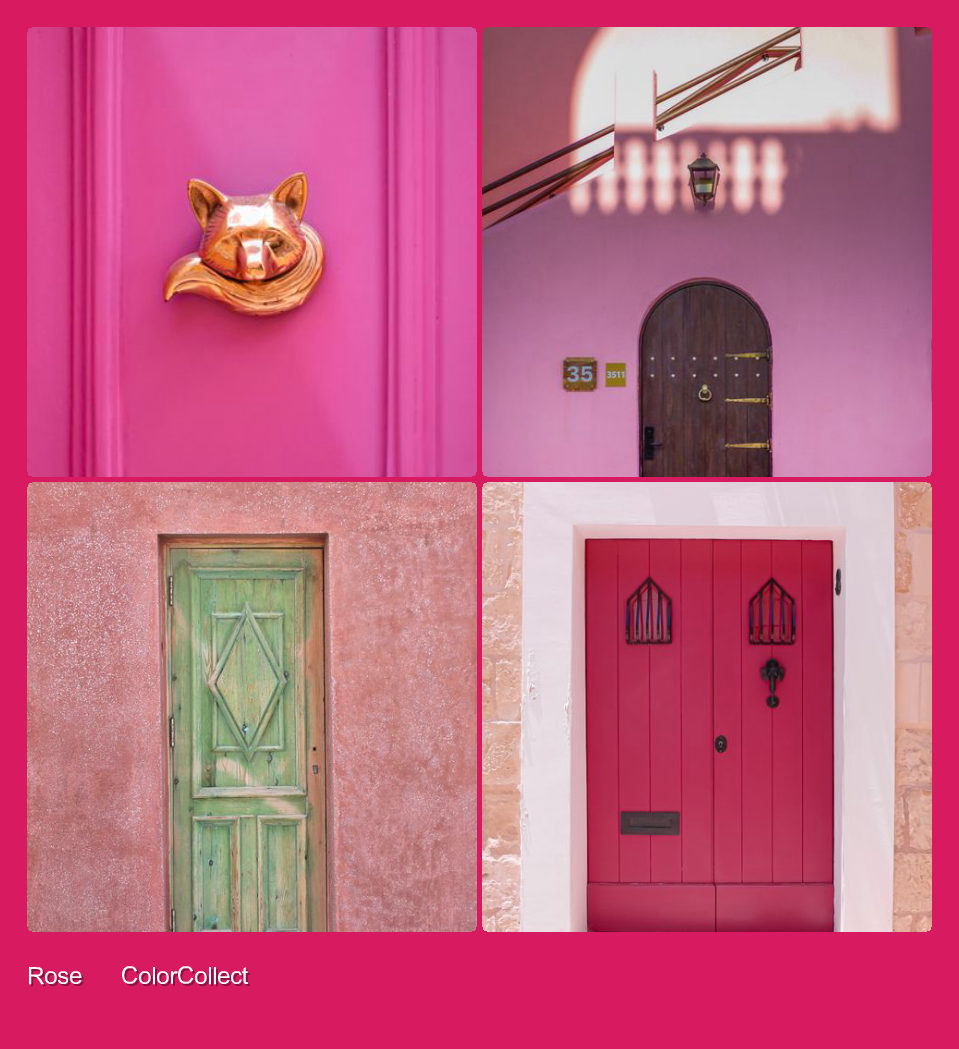 A four-photo ColorCollect montage: real-world finds in one shared color, photographed by two people in two different cities.